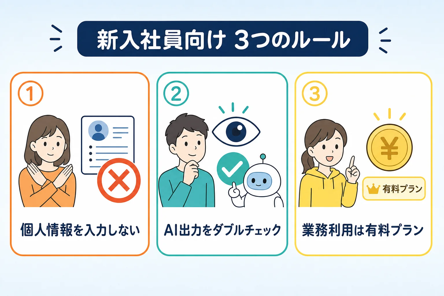 黒板の前で新入社員に3ルール（鍵・チェックマーク・盾のアイコン）を教えている先輩社員のイラスト