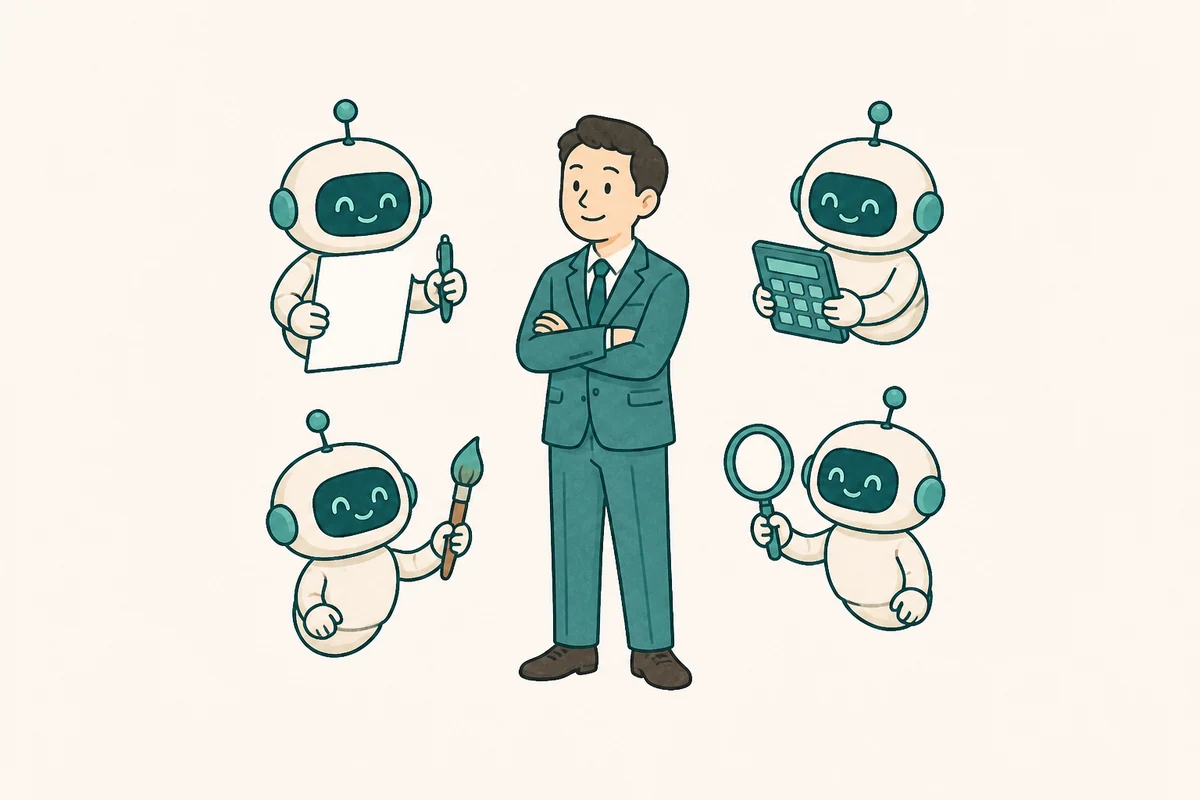 役割の違うAIチームが経営者を支えるイラスト