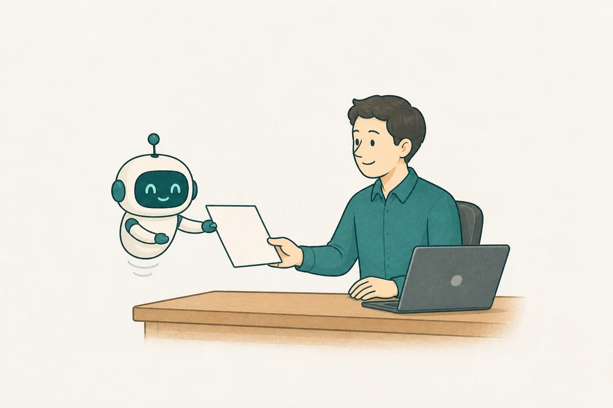AIが作った書類を人が受け取って確認するイラスト