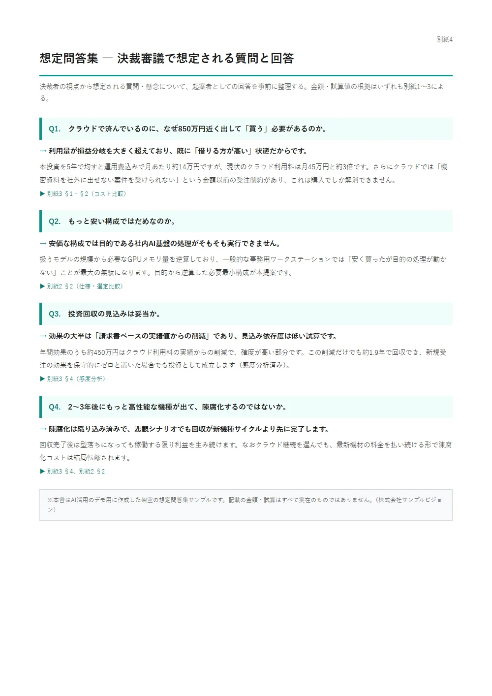 AIが整理した想定問答集のサンプル